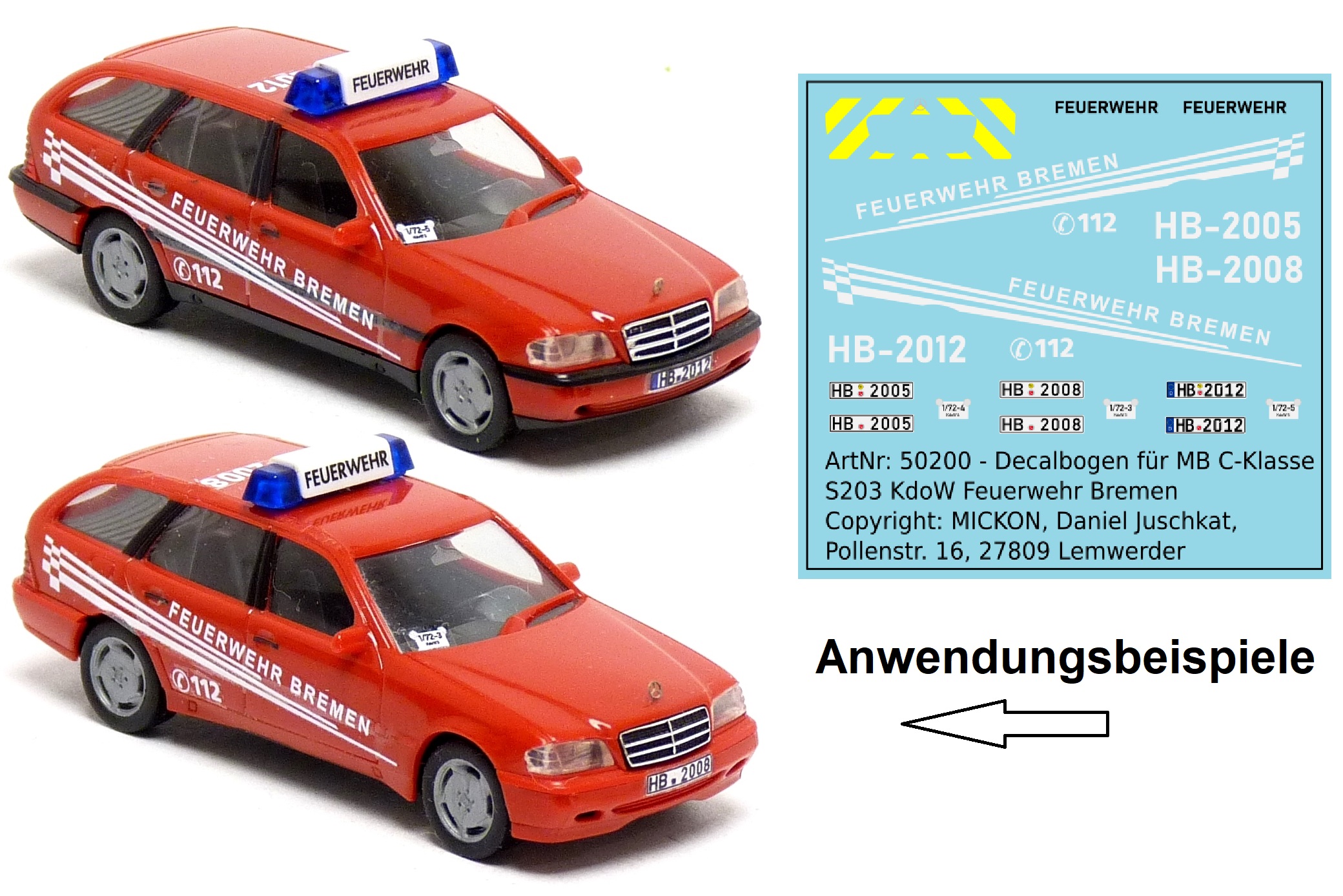 Decalbogen - MB C-Klasse S203 KdoW Feuerwehr Bremen