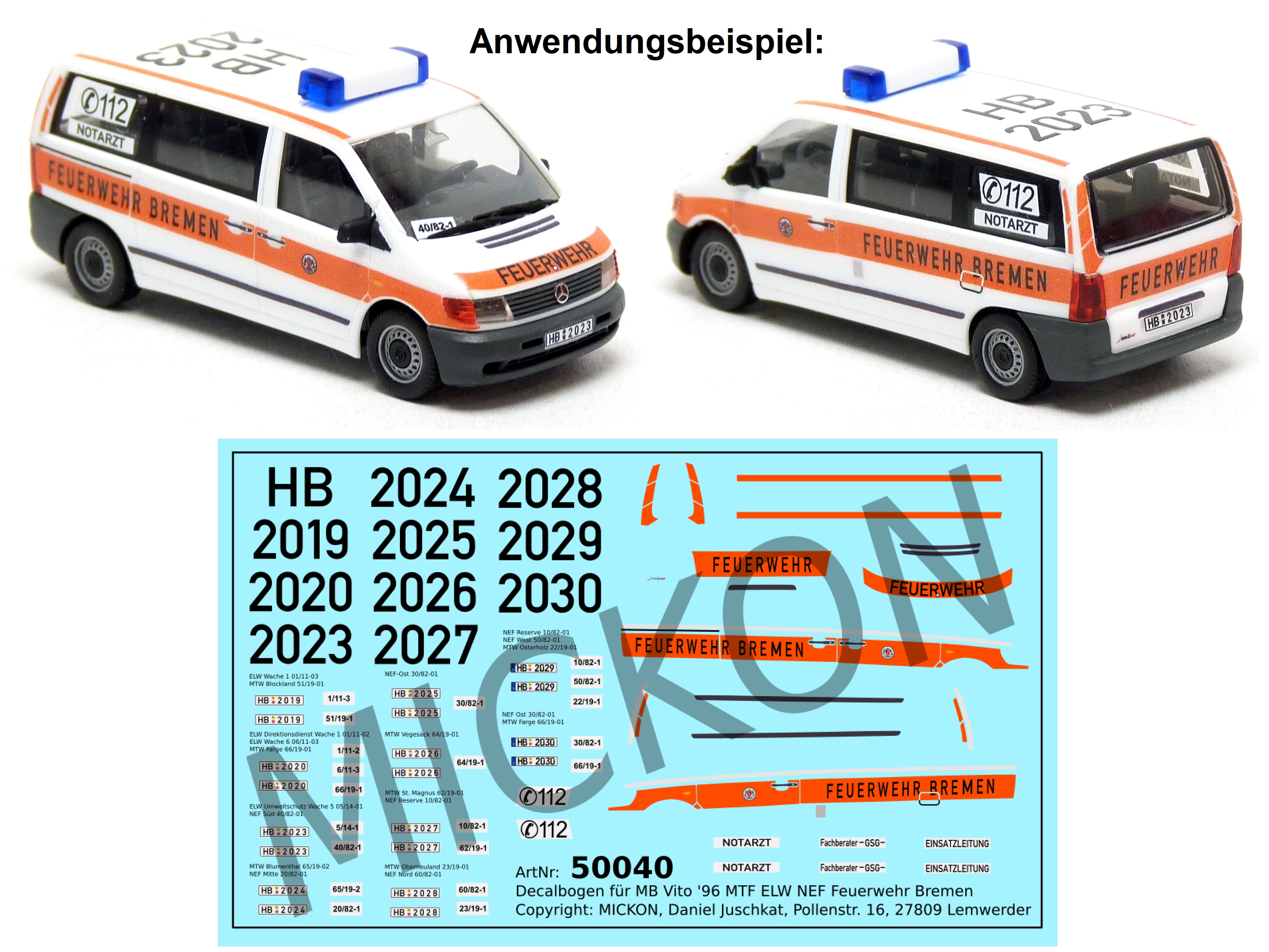 Decalbogen - MB Vito ELW / NEF / MTF Feuerwehr Bremen