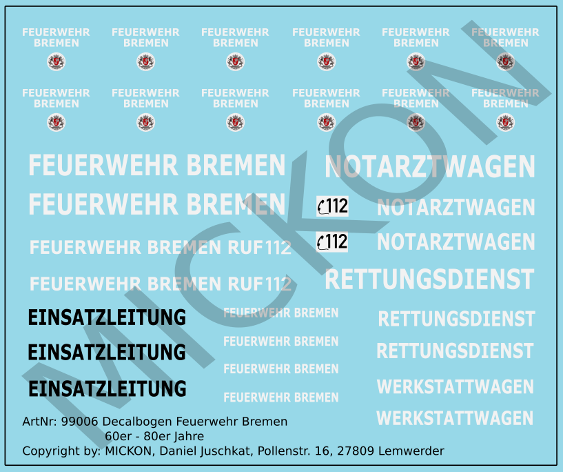 Decalbogen - Feuerwehr Bremen 60er - 80er Jahre universal