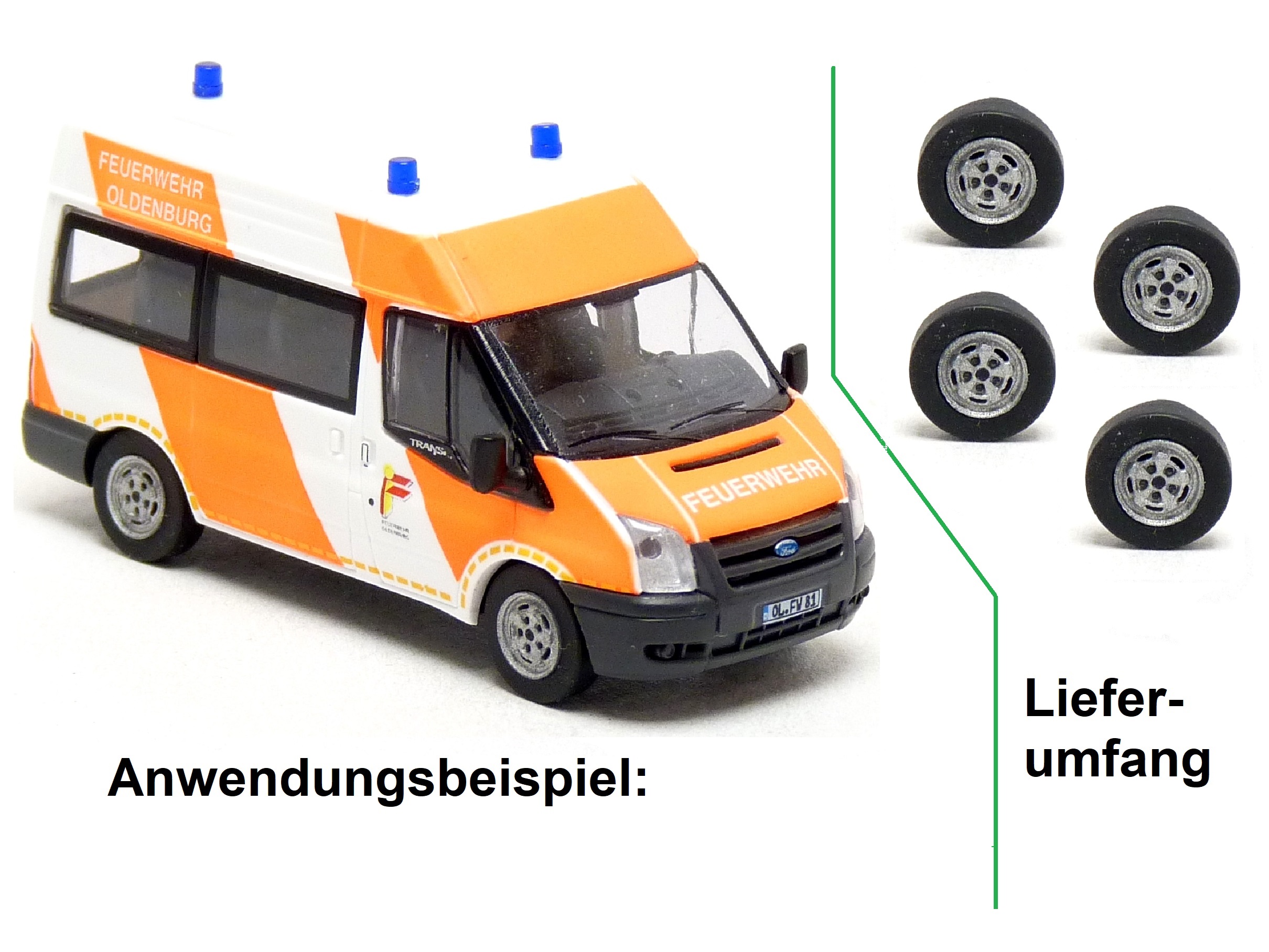 4x Stahlfelge mit Reifen passend für Rietze Ford Transit Modelle