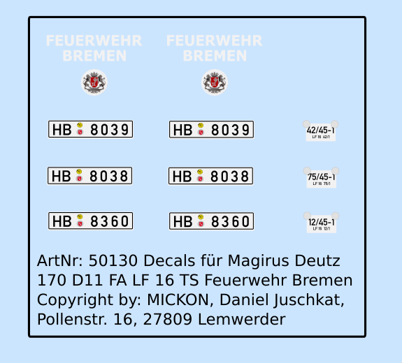 Decalbogen - Magirus Deutz 170 LF 16-TS Feuerwehr Bremen